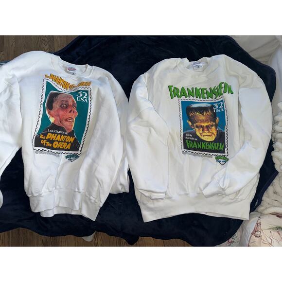 2 RARE MINT 1997 MONSTER STAMP SWEATSHIRTS FRANKENSTEIN & PHANTOM OF THE OPERA - Picture 1 of 6